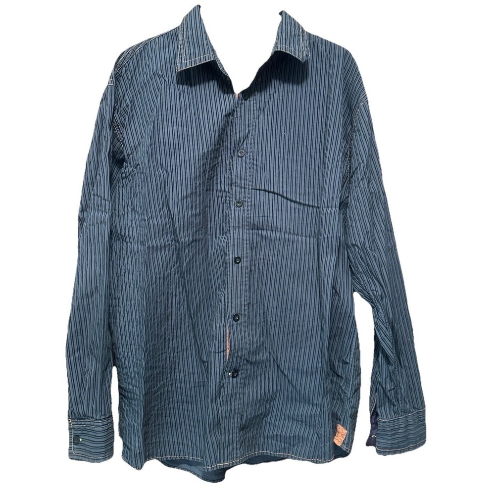 Blue Pronto Uomo Mens 3X Navy Striped Seersucker Button‎ Down Shirt Stretch